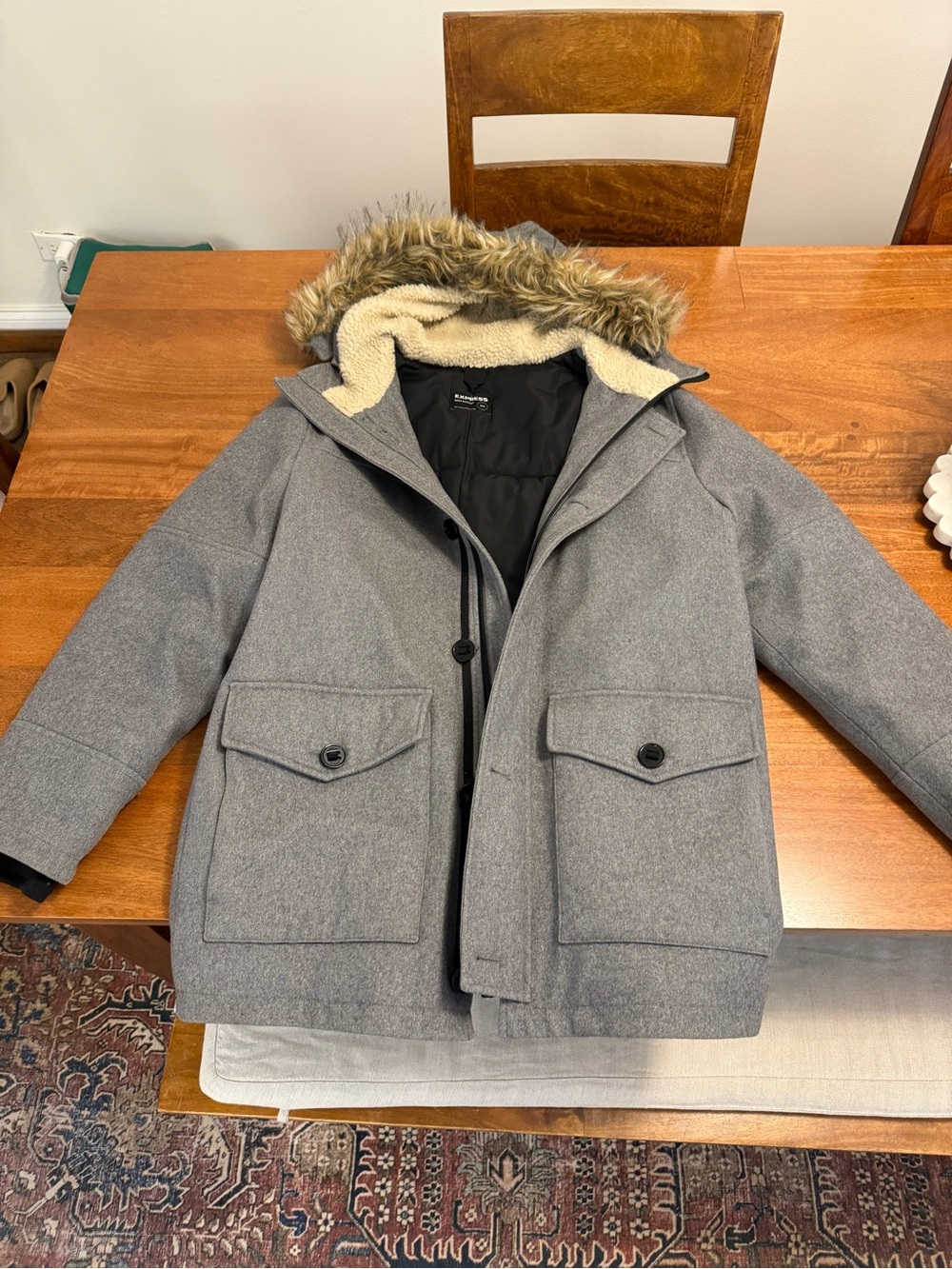 Express Men's Gray Hooded Coat with Faux Fur Trim